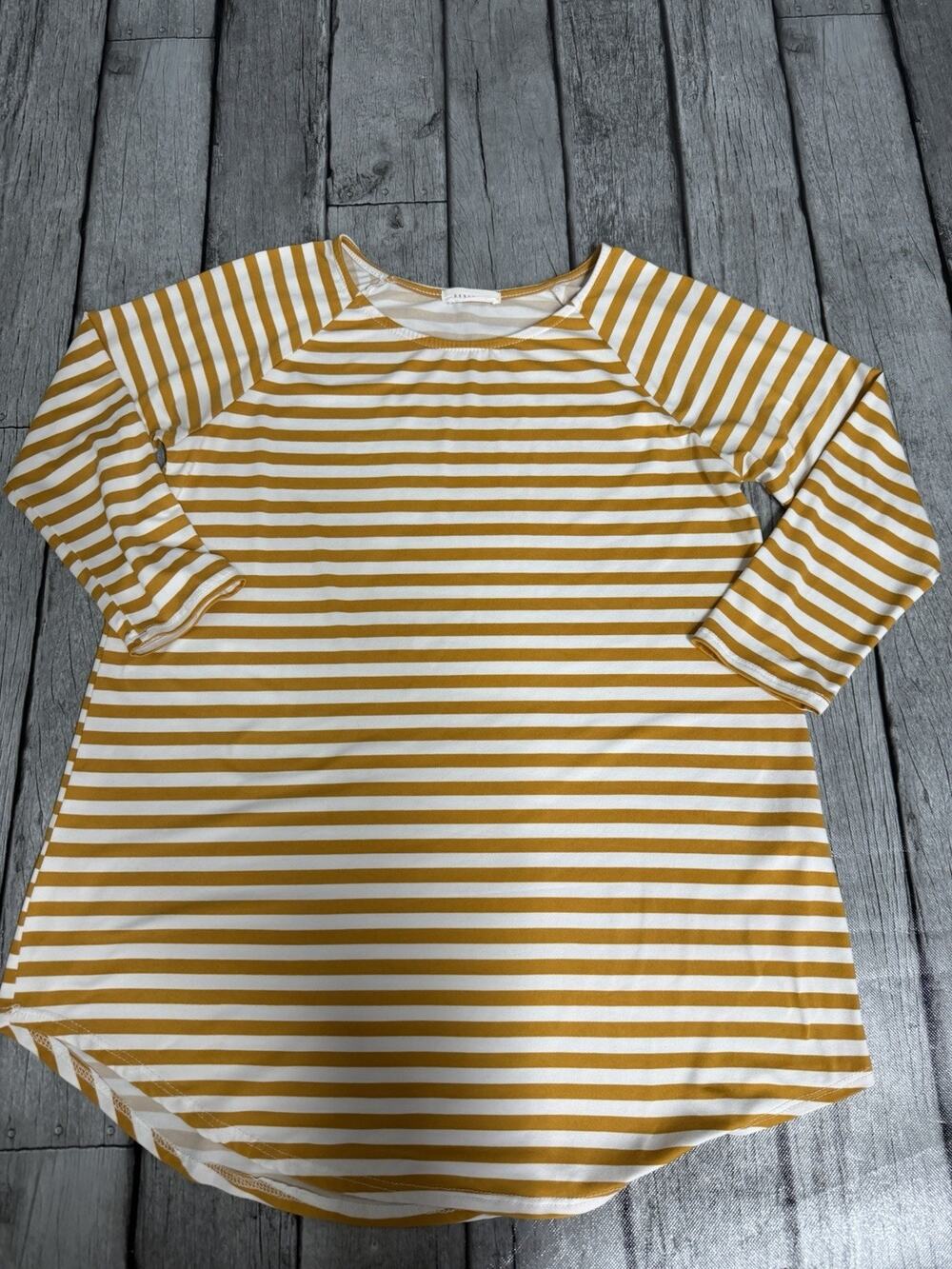 Women’s Reborn J Striped 3/4 Sleeve Top Tshirt Mustard Yellow & White Sz Small